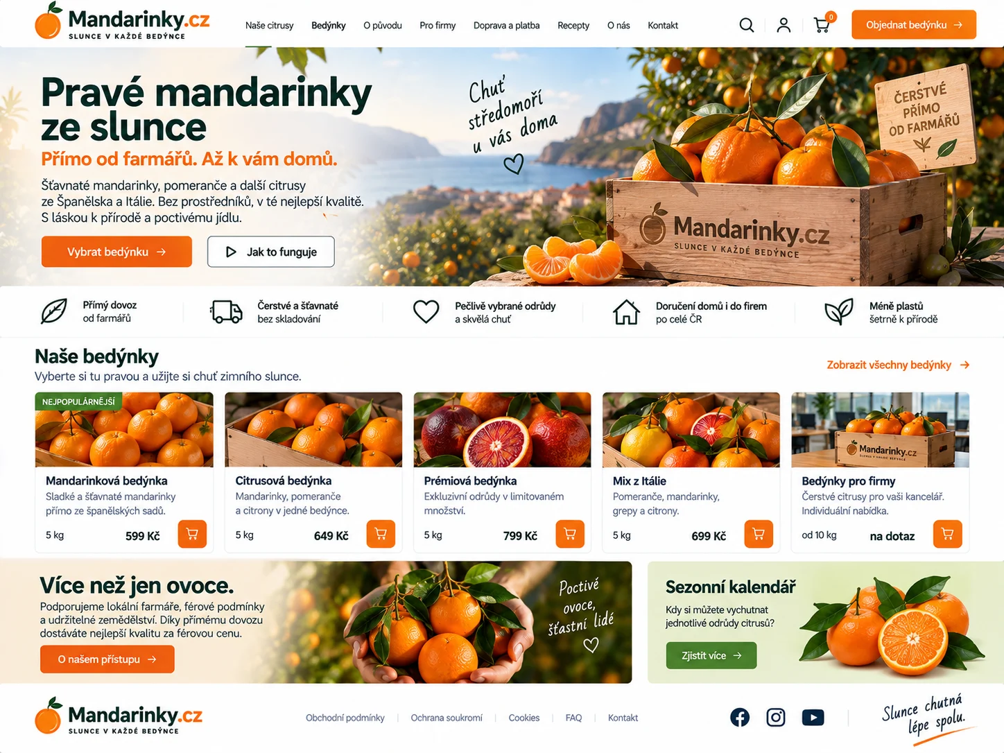 Ilustrační návrh webu Mandarinky.cz v oranžové, zelené a krémové s čerstvými mandarinkami